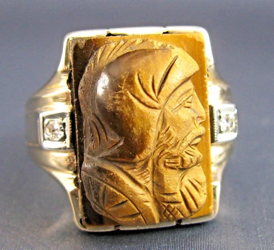 Anillo de diamantes y ojo de tigre camafeo intaglio de oro amarillo de 10 quilates vintage para hombre talla 11 Foto 1 de 4