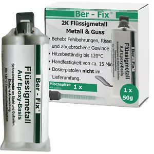 Ber-Fix 2K Flüssigmetall hitzebeständig 120°C 50g + 1 Spitze Metallkleber - Bild 1 von 9