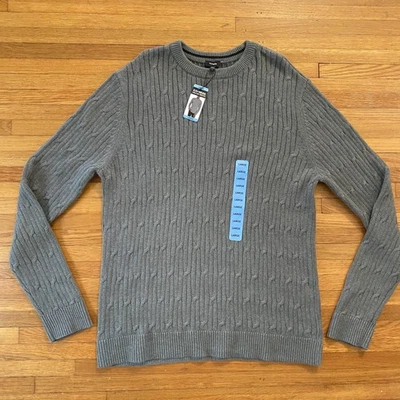 Express Sweater Mens Large Gray Cable Knit Crewneck Pullover Cotton New Tag - Image 1 of 4