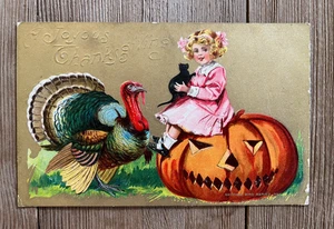 Vintage Postcard Thanksgiving Turkey Halloween Pumpkin Black Cat Ephemera Girl - Picture 1 of 2