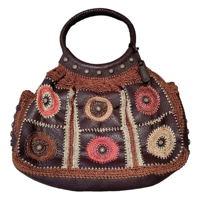 Bolso de Mano Isabella Fiore Cuero Marrón Multicolor Joyas Bordado Crochet Foto 1 de 4