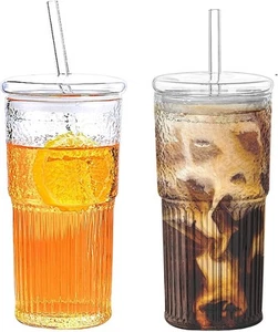 2PCS Glass Cups with Lids and Straws, 20OZ Iced Coffee 2pcs, Clear  - Picture 1 of 8