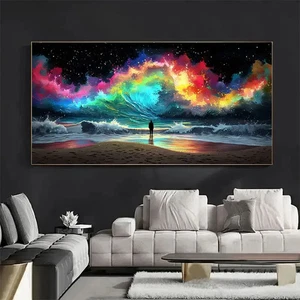 Vibrant Abstract Seascape Art Print Unframed Canvas Painting for Living - Picture 1 of 5