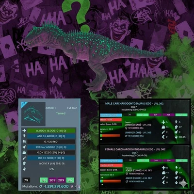 CARCHA JOKER TOP STATUS 1605% MELEE PAIR EGGS M/F ARK ASCENDED PVE PC/XBOX/PS5  - Image 1 of 4