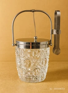 Cubo de hielo de cristal tapa y pinzas de acero inoxidable - vajilla vintage de lujo Mtaka Japón - Imagen 1 de 19