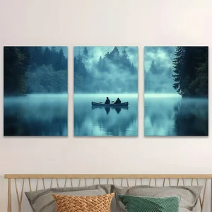 3pcs Misty Lake  Blue Green Atmosphere Wall Art Canvas  Unframed/Framed - Picture 1 of 8