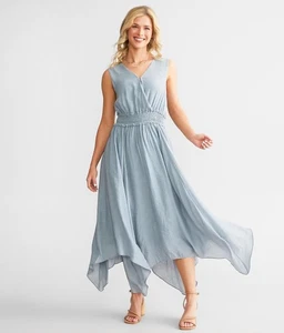 Buckle Black Size M Ruffle Smocked Midi Dress Handkerchief Hem Blue - Picture 1 of 13