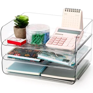3 Pack Stackable Paper Trays Clear PET Desk Set A4 Document Organizer Office - Picture 1 of 7