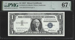 US 1 $ 1957 PMG 67 EPQ UNC Fr #1619 Silver Certificate Priest/Anderson ZA Block - Picture 1 of 4