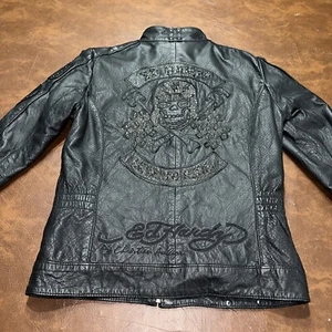 NWOT Y2K Vintage Ed Hardy Black Leather Skull Studded Crystal Moto Jacket M - Picture 1 of 8