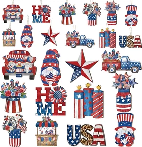 48 Pcs Memorial Day Patriotic Wood Ornaments 4Th of July Red White Blue Wooden S - Picture 1 of 12