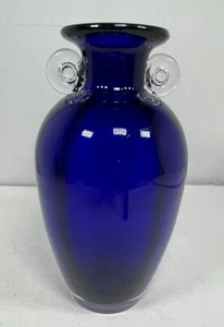 Vtg Murano Cobalt Blue Amphora Shaped Vase Round Clear Handles 10" Ht. - Picture 1 of 4