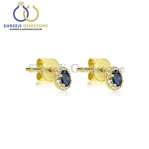 Blue Sapphire Oval Stud Earrings with Diamond Halo Solid 14k Gold Fine Jewelry - Picture 1 of 4