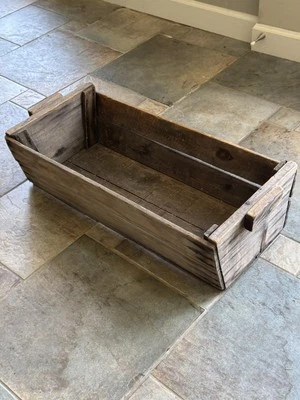 Large Antique Primitive French Wood Rectangular Open Box W/ Handles 1890s Signed - Image 1 of 4