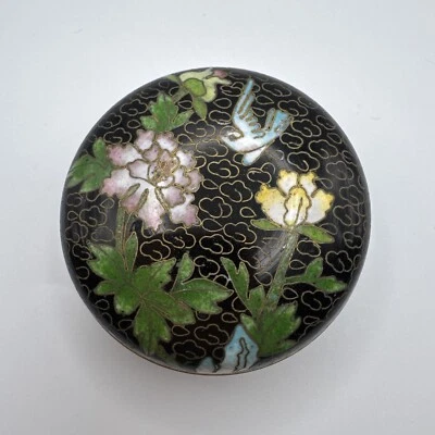 Tarro de polvo chino Cloisonne pequeño con tapa esmalte floral pájaro plato de baratija de colección Foto 1 de 4