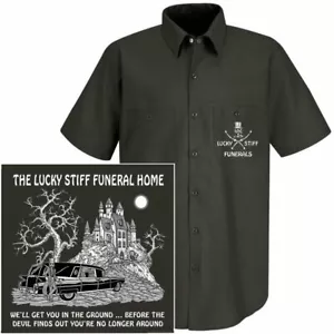 LUCKY STIFF FUNERALS WIN AT THE DEVIL'S GAME HEARSE SKULL UNDERTAKER WORKSHIRT - Picture 1 of 12