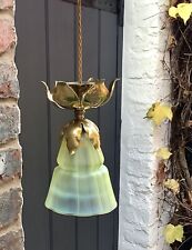 Arts & Crafts Nouveau Brass Ceiling Pendant Lamp With  Original Vaseline Shade