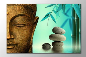 GROSSER GOLD BUDDHA BLAU BAMBUS GRAU ZEN STEINE LEINWANDBILD WANDBILD DRUCK NEU - Bild 1 von 1