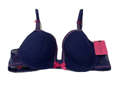 Betsey Johnson Underwire Bra Pink Bow Daisy Mesh Adjustable Straps Blue Size 32C - Image 1 of 4