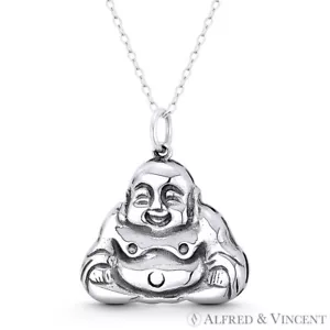 Double Lotus Ho Tai Budai Smiling Chinese Buddha Pendant in .925 Sterling Silver - Picture 1 of 1