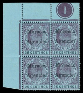Morocco Agencies 1903 KEVII 25c purple & black/blue Plate 1 block MNH. SG 20. - Picture 1 of 1