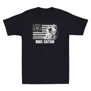 Hail Satan with Satanic Flag Dark Satanism Funny Graphic Vintage Men's T-Shirt - Picture 1 of 8