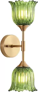 2-Lights Gold Wall Sconce with Green Glass Shades Modern Mid Century Bathroom Va - Picture 1 of 8