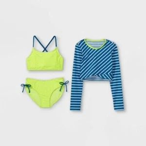 Cat & Jack Girls 3 piece Swimsuit - New w/tags size XXL 18 Bikini &Rash Guard - Picture 1 of 2