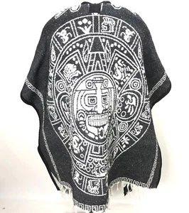 Vintage Aztec Poncho San Patricio Mexican Poncho Black White Graphic Cool Woven - Picture 1 of 6