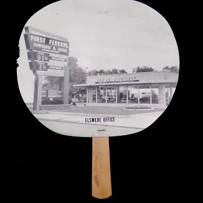 Vtg Advertising Hand Fan Black & White Bank First Federal Savings Loan Elsmere - Изображение 1 из 4
