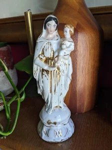 8 Zoll deutsche MADONNA & KIND Jungfrau Maria Keramik Figur Vintage religiös GOLD selten  - Bild 1 von 5