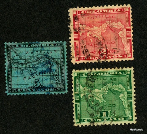 Panama Stamps Sc # 8, 9, 10 used Map of Panama 1887-88  before independence Cover