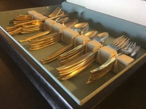 Gold Plated Set Of 54pcs Made In Japan Kitchen Table FlatWare W/storing Wood Box - Picture 1 of 9