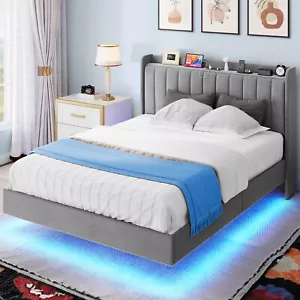 Queen Size Bed Frame Upholstered Headboard&Wingback Floating Led Platform w/Port - Picture 1 of 7