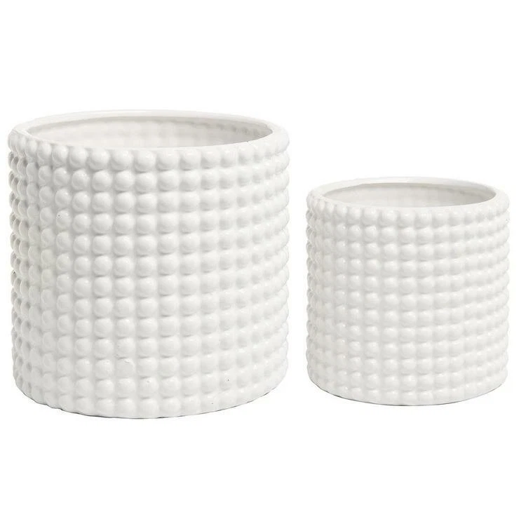 Mygift Set of 2 White Ceramic Vintage Style Hobnail Textured Flower Planter Pots