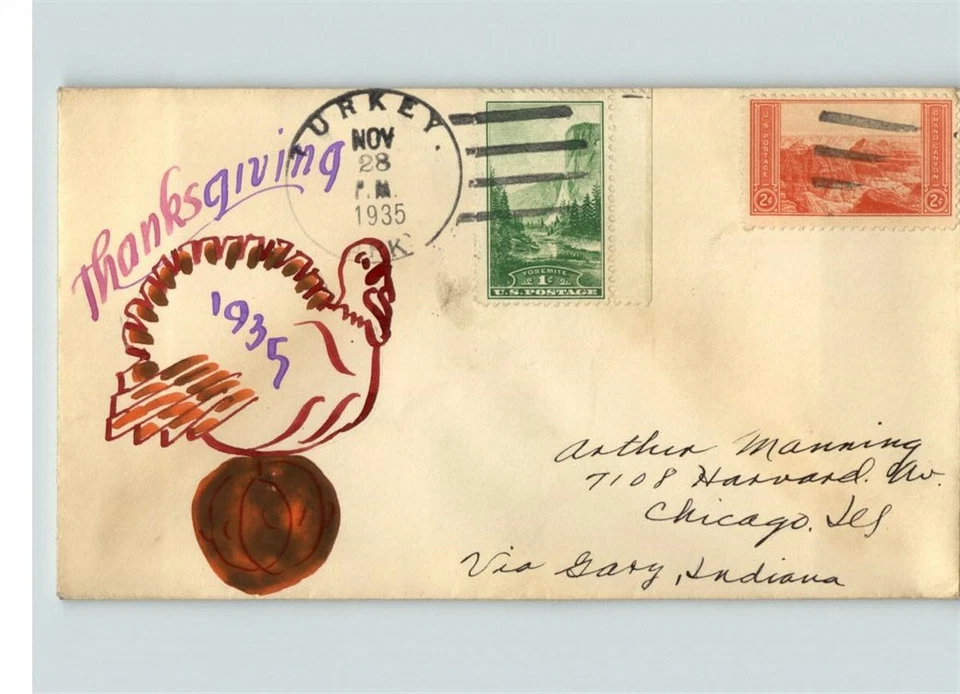 Hand Painted, unknown THANKSGIVING 1935 canc. TURKEY, Arkansas, pic Turkey, sent - Image 1 of 1