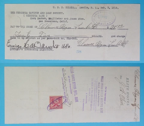 1918 Philippines ~ U.S.S. Helena Manila P.I. $25 Check w/ 2 Centavos Stamp ~ 38 Cover