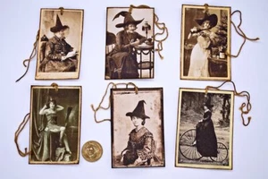 6~Halloween~Vintage~Witch~Photo~Linen Cardstock~Gift~Hang~Tags - Picture 1 of 1