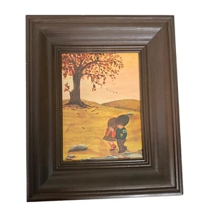 Vintage Wood Framed Wall Art 12x10 Fall Autumn Countryside Couple Walking - Picture 1 of 6