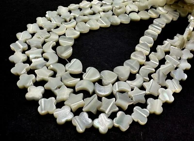 AAA Iridescent White Mother of Pearl MOP Shell Heart Moon Star Leaf Beads PG321 - Image 1 of 4