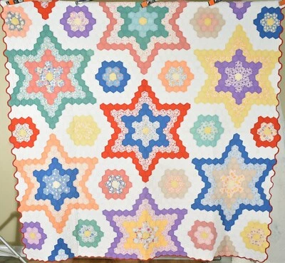 VIBRANT Vintage 30's Flower Garden Stars Mosaic Antique Quilt ~UNUSUAL DESIGN! - Image 1 of 4