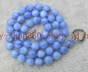 Natural 8mm Faceted Blue Aquamarine Gemstone Necklace 18'' Tibetan Silver Clasp - Picture 1 of 12