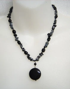 Natürliche Schneeflocke Obsidian Chip Grob Schwarz Onyx Hänger Halskette 18" - Bild 1 von 5