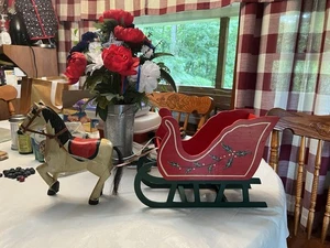 Red Vintage Wooden Christmas Sleigh W Horse - Picture 1 of 12
