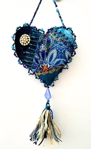 HANGING HEART beaded *100% HANDMADE* embroidered blue, teal, gold with tassel - Picture 1 of 8