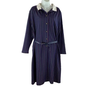 Vintage M&S St. Michaels Navy Stripe Belted Woven Shirt Dress UK 20 Petite/Short - Picture 1 of 4