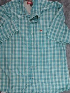 Simms Fishing Shirt Mens Medium Grey Plaid Pearl Snap Performance Vented Pocket - Picture 1 of 11