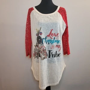 Southern Grace Women's Sheer Ivory Gauze + Red Lace Sleeve Christmas Shirt Sz XL - Picture 1 of 11