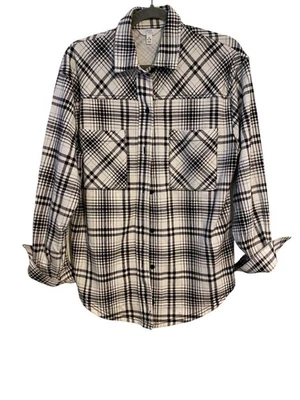 Time And Tru Women M Black White Plaid Shacket Button Up Shirt Casual Grunge - Image 1 of 4