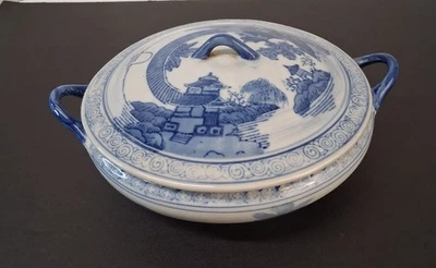 Тюре винтажный китайский синий белый фарфор покрытый блюдо ивы узор MCM 50-70-х - Изображение 1 из 4